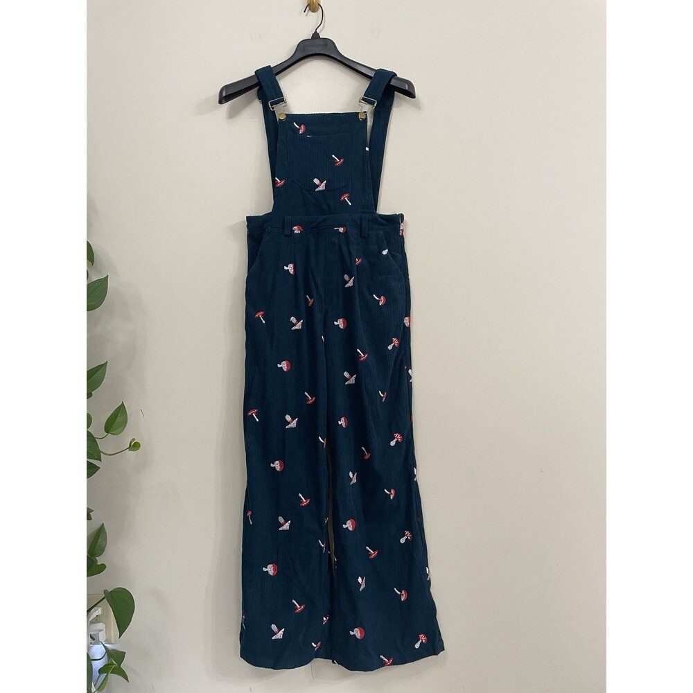 CIDER Blue Corduroy Wide-Leg Jumpsuit Mushroom Embroidered Square Neck Size M - Picture 2 of 10